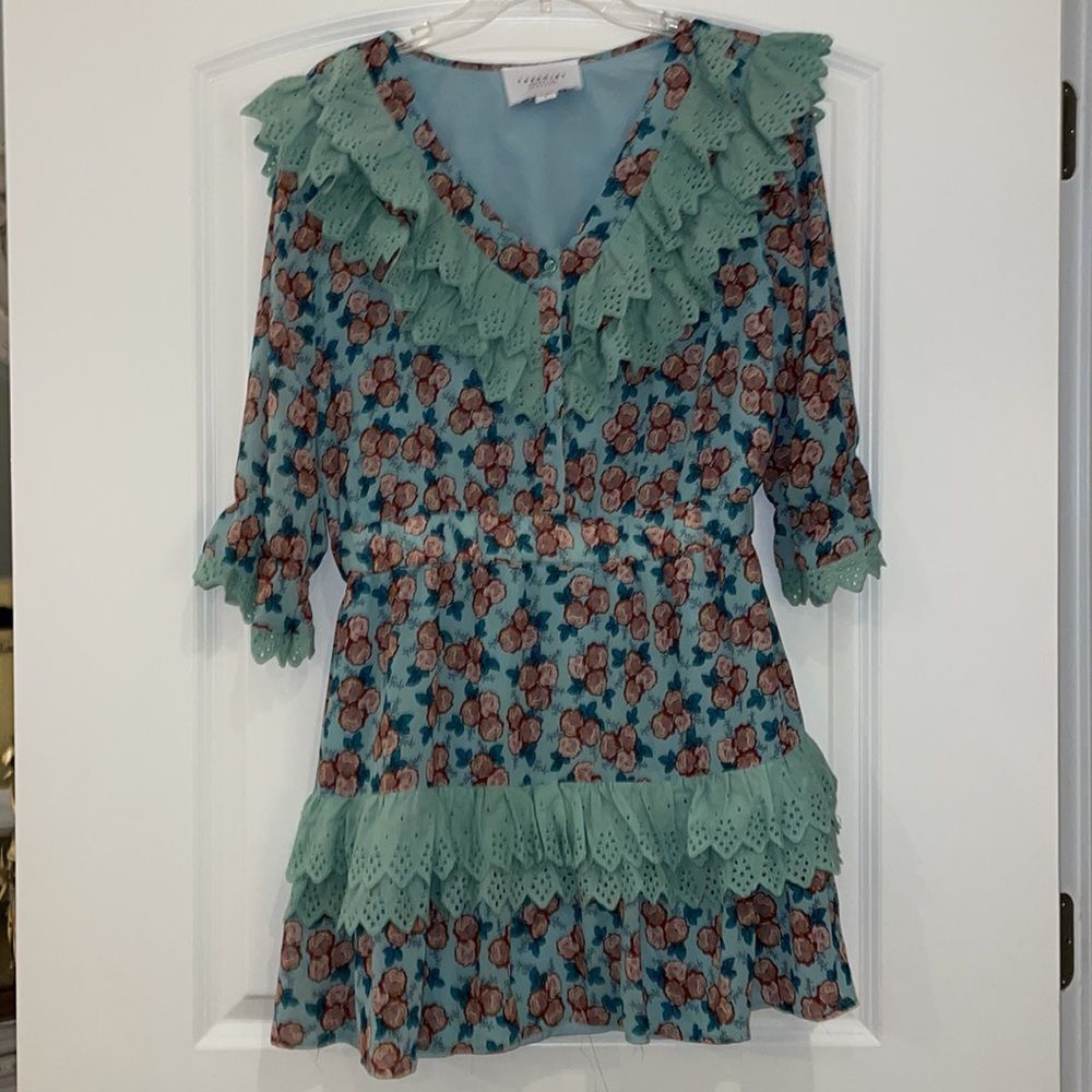 The Shirt By Rochelle Behrens Floral Blue Eyelet Mini Dress Size Large - Picture 2 of 5